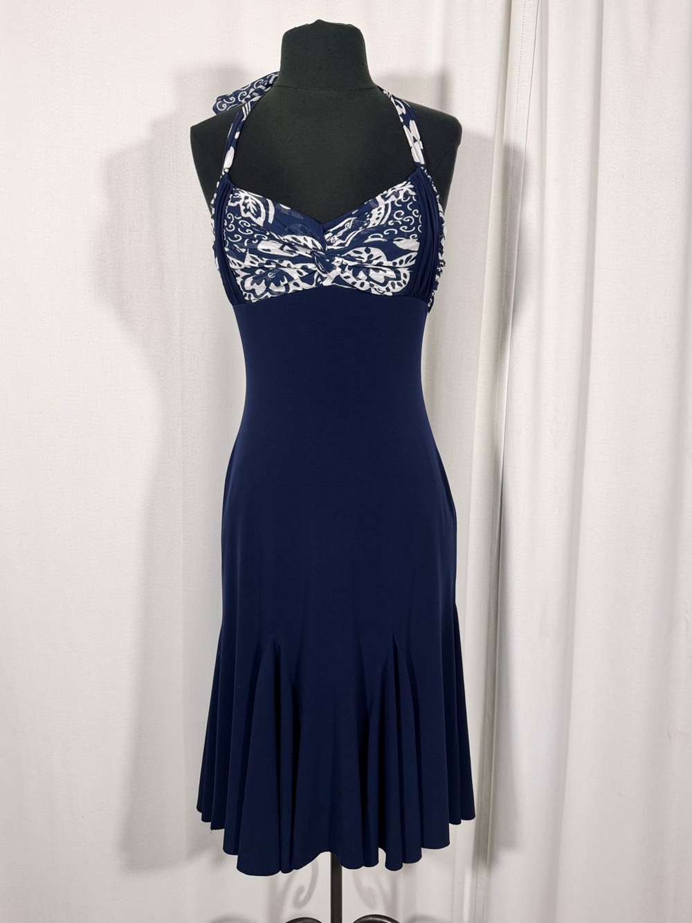 Vintage Cache Navy & White Halter Midi Dress